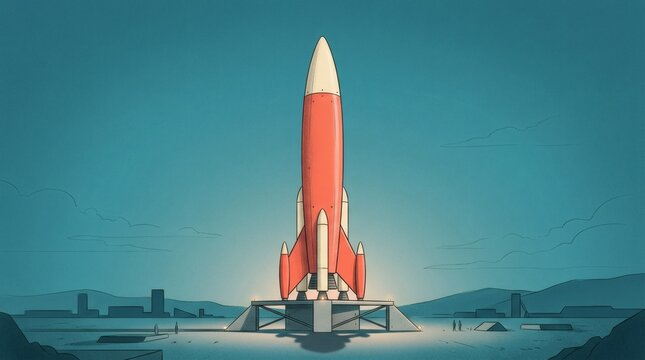 Minimalist red and white space rocket standing on launchpad against teal sky for exploration aerospace and innovation concepts.