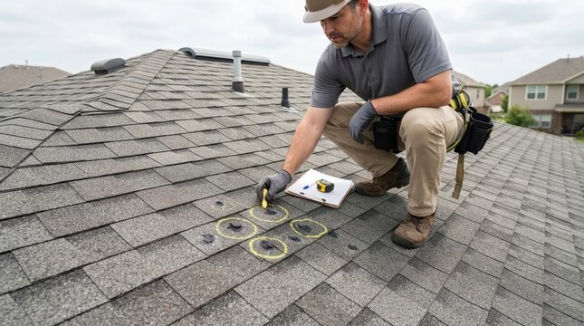 roof shingle hail impact inspection Man inspecting and marking damage on a residential roof with a hammer