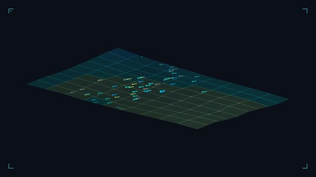Isometric digital terrain grid with tracking points and movement vectors data visualization wireframe surface cyber mesh topography map scientific analysis data visualization wireframe surface cyber