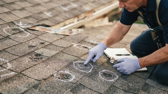 roof shingle hail impact inspection Man inspecting roof shingles with chalk marks and holding a clipboard