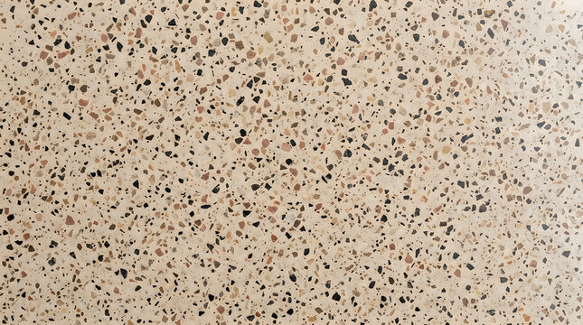 Modern terrazzo floor texture with small light green and orange stone chips on a light grey base