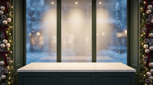 Empty stone counter in front of a festive christmas shop window