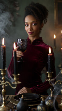 Elegant woman in burgundy velvet dress holding wine glass at spooky gothic Halloween dinner table