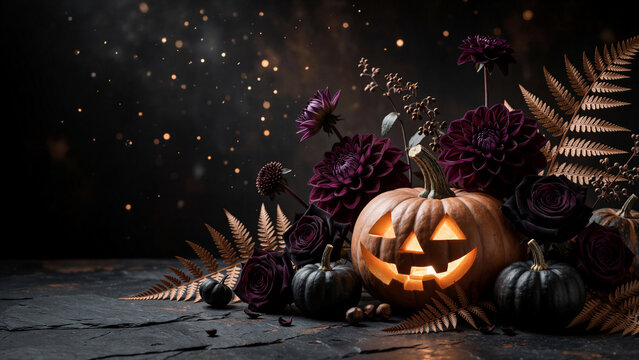 Halloween aesthetic background. Pumpkin lantern with dark purple dahlias, black roses and golden leaves floral arrangement on dark copy space background.