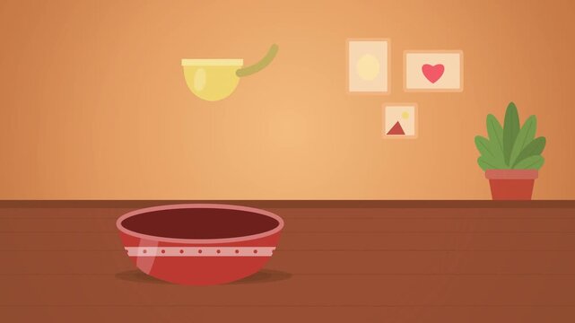 Cream cat paw reaching into red food bowl as kibble falls on orange