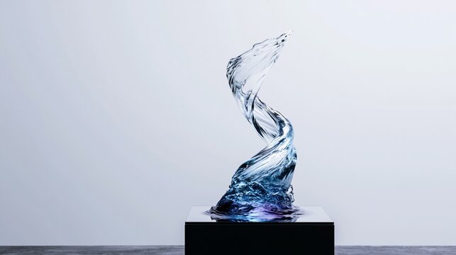 Abstract glass sculpture creating a swirling vortex shape, rising on a dark pedestal. Dynamic form with blue and violet light