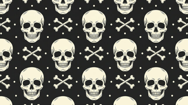 Seamless halloween pattern with human skulls and crossbones on black background for gothic pirate textile print