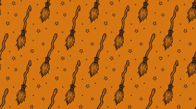 Seamless halloween pattern with witch brooms and magical stars on orange background for spooky wrapping paper