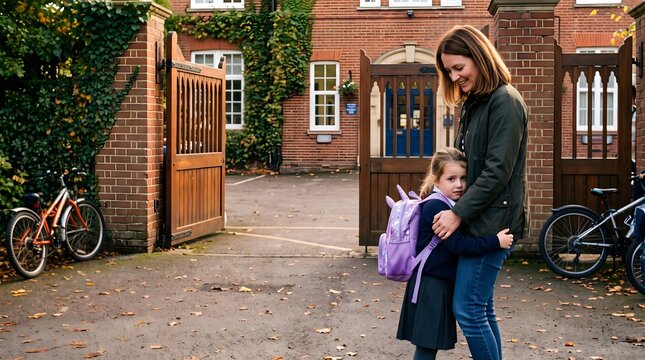 A mother comforting her young daughter with a backpack outside a school gate in the morning