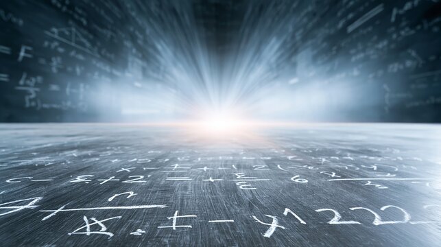 Chalkboard surfaces filled with converging mathematical equations and diagrams, illustrating scientific research, education, and abstract thinking