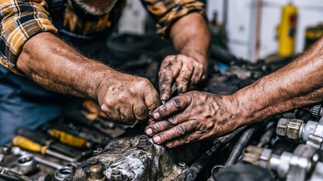 Two skilled mechanics with dirty hands collaborating on an engine repair, showcasing hard work and mechanical expertise