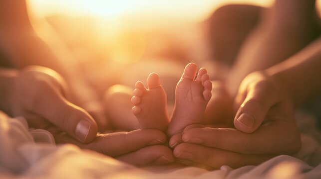 Newborn feet cradled by adult hands, bathed in warm golden light. Evoking tenderness, protection, and the preciousness of infancy