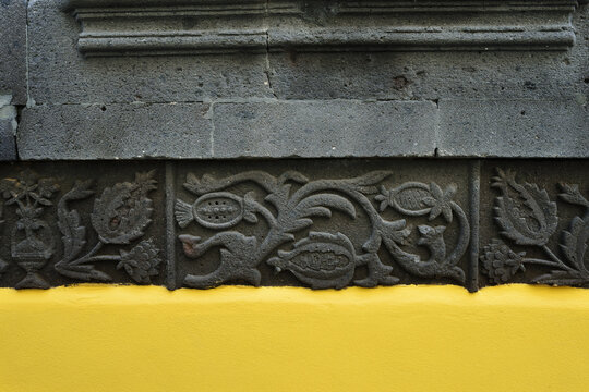 Fruits in the Garden of Eden, old stone relief. Columbus House (Casa de Colon), Las Palmas. Spain