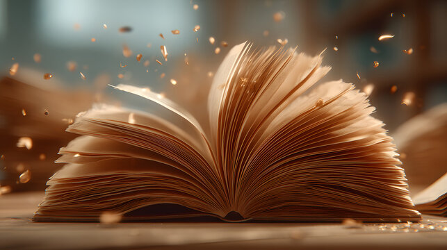 Open book with pages flipping gently, showcasing its textured paper and warm tones