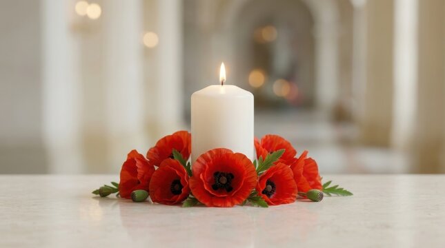 A white candle surrounded by red poppies on a marble surface