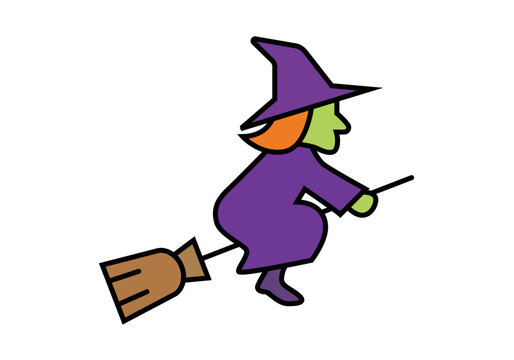 Bruja de piel verde con vestido y sombrero morado volando montada en una escoba