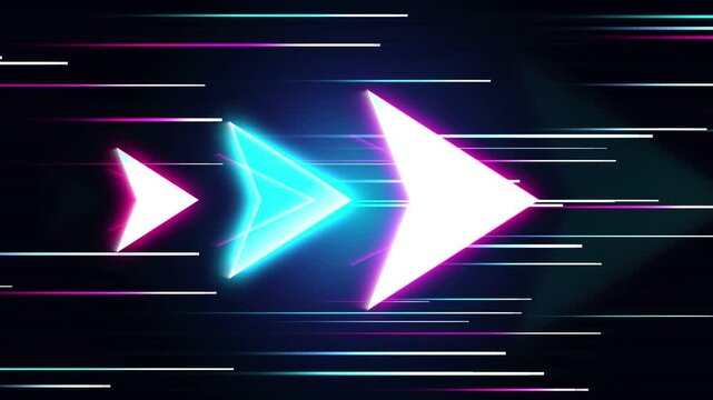 Futuristic neon glowing arrows moving rapidly forward with vibrant speed lines in a digital space