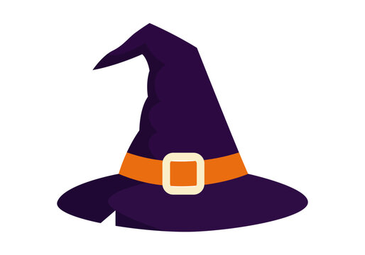 Sombrero morado de bruja con punta torcida cinta naranja y hebilla amarilla   