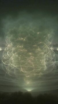 Vertical video: Rising vapor column, base flash sparking rings and coiling light strands in mist