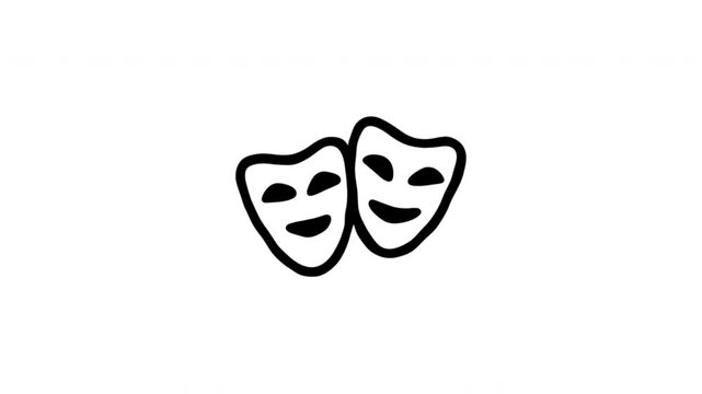 Theater Masks For Acting And Stage Performance Hand-Drawn Doodle Animation On Transparent Background. Comedy And Tragedy Symbol For Drama Production. Seamless Animated Icon. 4K Video Overlay Element.