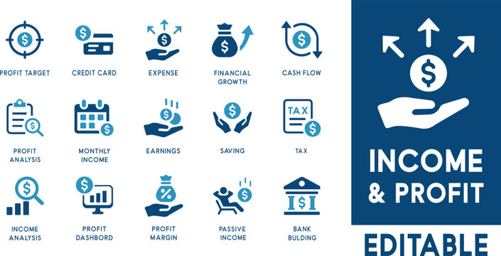 Income and Profit Line Icon Set for Financial Business, Money and Investment Vector