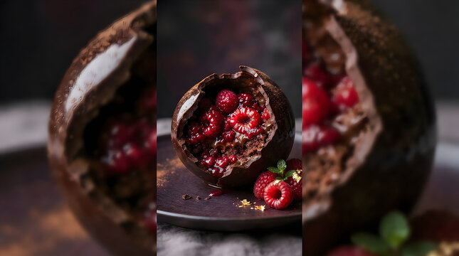 Gourmet chocolate sphere dessert with fresh raspberry filling and mint garnish on dark plate