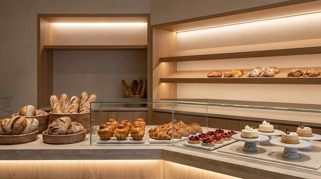 Fresh bread and sweet pastries displayed on wooden shelves inside a modern bakery shop for sale