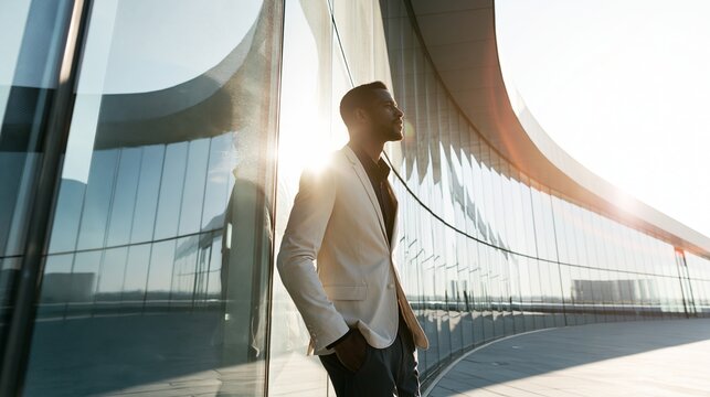 Young businessman standing next to a curved glass facade, sunlight creating a lens flare, symbolizing success and modern lifestyle