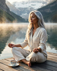 Fototapeta premium Aspirational mindfulness scene with woman in linen activewear overlooking mountain lake for retreat advertising and promotion