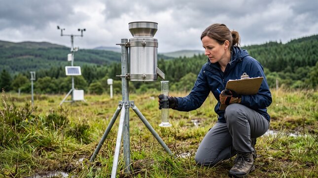 Scientist collecting rainfall data from a gauge in a remote natural environment with weather monitoring equipment