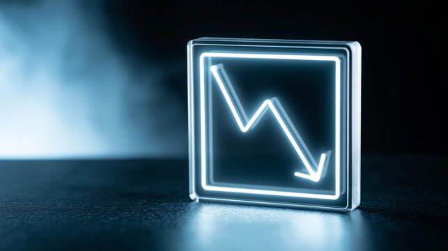 Glowing neon downward trend graph inside a clear cube, symbolizing economic recession, financial crisis, and business loss