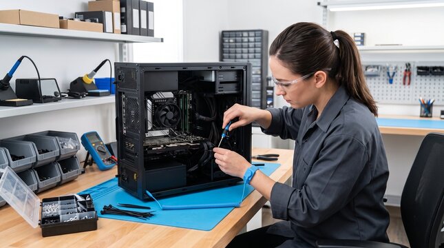 Woman technician assembling a computer inside a workstation with tools and components