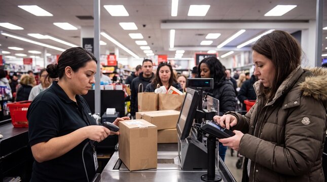 Busy Retail Cashier Scanning Customer Purchase At Checkout Counter During Black Friday Sale
