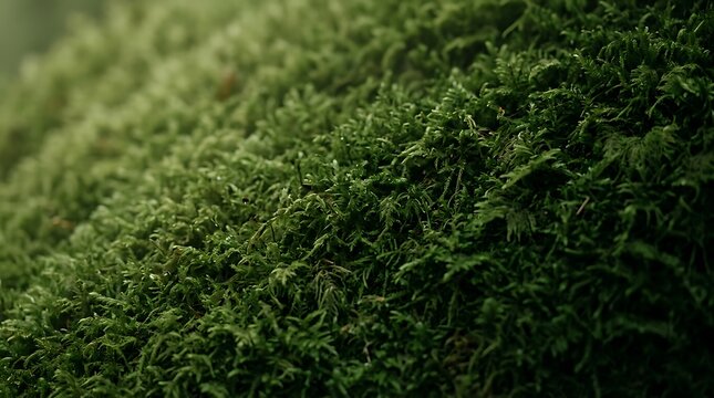 Close-up lush green moss texture on forest floor, natural vibrant plant surface background wallpaper pattern.