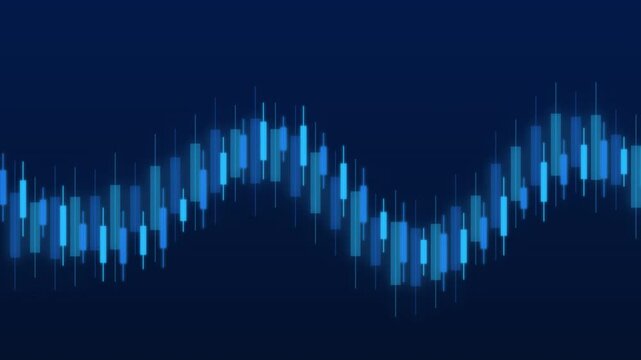 Financial stock market chart animation showing candlestick bars moving in wave patterns on digital dark blue background motion footage