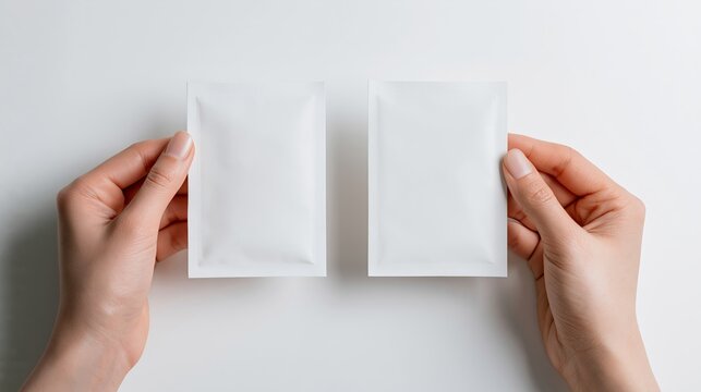 Human hands presenting two empty white flow pack pouches against a clean background, perfect for product display