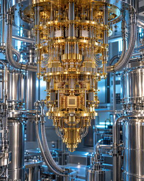 Quantum computer chandelier processor core, advanced golden cryogenic supercomputer setup, high tech artificial intelligence hardware technology