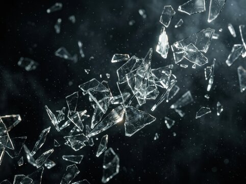 Exploding glass shards in motion against a dark smoky background with dramatic lighting