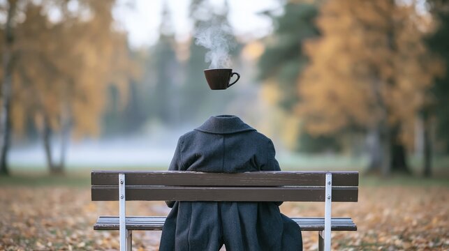 Invisible figure contemplating in autumn park, hot steaming coffee cup instead of a head, surreal mood
