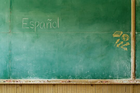 Espanol written on a teal chalkboard with golden chalk sketches of a book and globe, a dusty academic setting for language learning materials