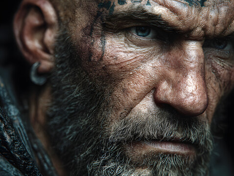 Intense portrait of a battle worn warrior smeared with dirt and grime displaying fierce determination in a dark dramatic atmosphere