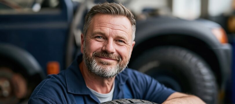 Automotive technician presenting replacement tire beside vehicle in service center