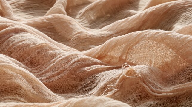 Cheesecloth fabric texture with soft diagonal ripples and rustic cotton muslin weave for an organic textile background and copy space