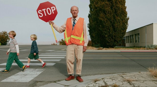 School crossing guard in a bright orange vest holding a stop sign for children on a zebra crosswalk, for road safety and education