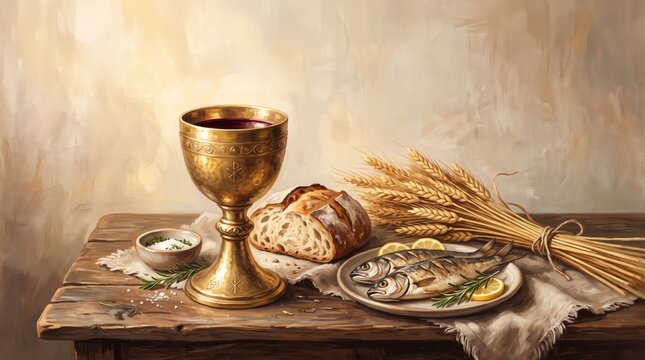 Gold chalice, bread, fish and wheat arranged for Catholic Eucharist on a rustic table. Christian communion sacrament. Last Supper symbolism in Biblical tradition.