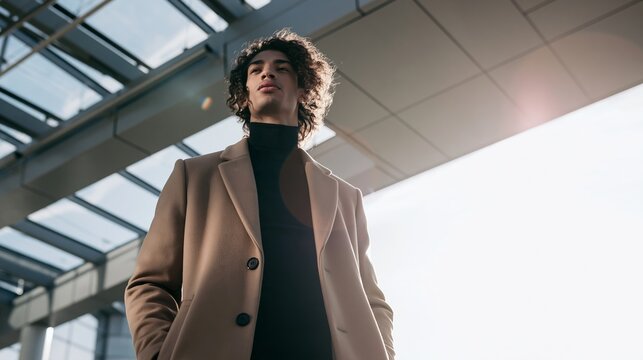 Confident young man looking ahead, dressed in a beige overcoat and black turtleneck, urban architectural background
