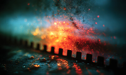 Fototapeta premium Grainy colorful warm rainbow red light leaks on black background with dust texture. abstract damaged scratched retro film analog effect for using over photos as overlay or screen filter