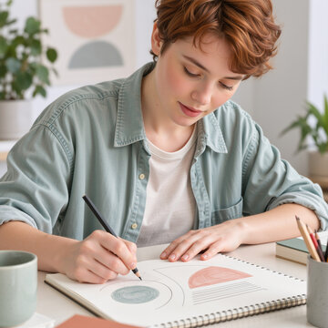 Young woman drawing abstract geometric shapes in a sketchbook. Vertical photo of a female artist working with pencils at a desk in a bright home studio. Creative design and art hobby concept