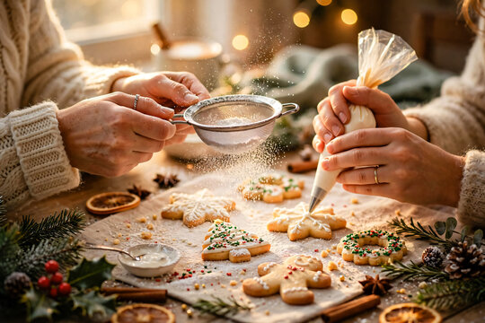 Gros plan sur les mains de personnes pr&eacute;parant des gateaux de no&euml;l