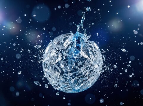 Shattering water sphere exploding with dynamic splash against a dark bokeh background
